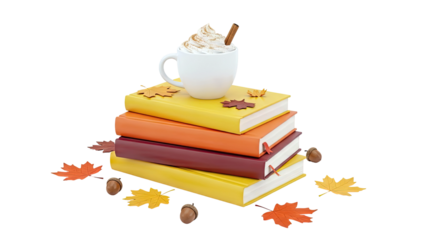 Autumn books with pumpkin spice latte and fall leaves