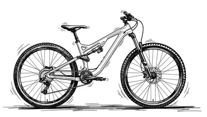 Fototapeta premium Detailed black and white line drawing of a modern full suspension mountain bike for off road cycling adventures.