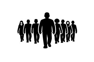 Diverse team members following a strong leader walking towards the viewer