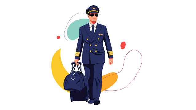 Professional airline pilot in a blue uniform with sunglasses and a hat walking with a black travel bag.