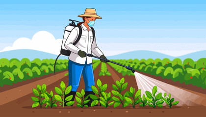 Cartoon Farmer Spraying Crops with Pesticide