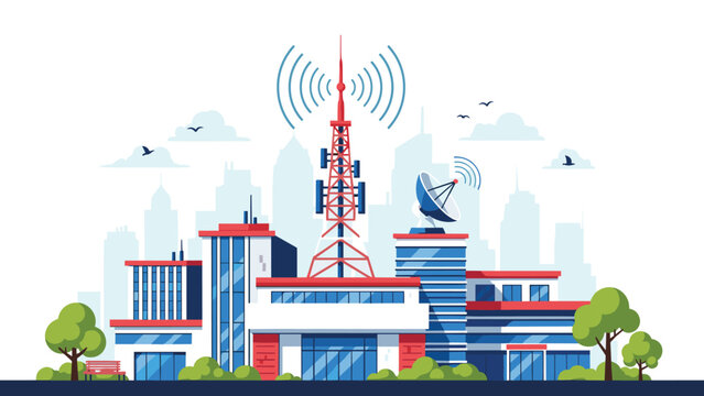 Modern telecommunications building in an urban setting featuring a large antenna tower and a satellite dish for global signal transmission.