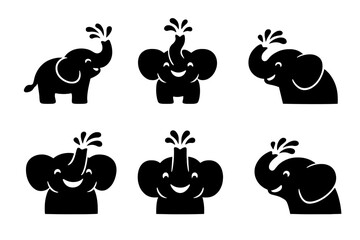 Adorable baby elephants spraying water from raised trunks silhouette icons
