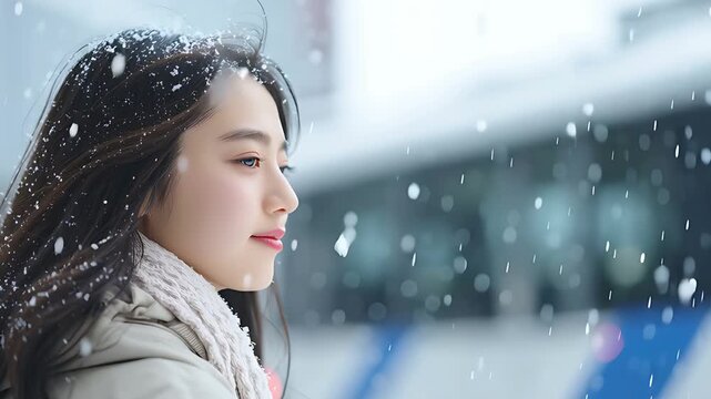 激しく降る雪の中でも前向きに空を見上げる日本人女性