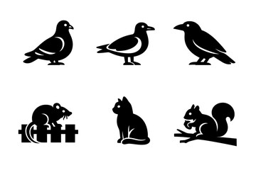 Obraz premium Black silhouettes collection of common urban animals and birds including cat, mouse, pigeon, and crow icons