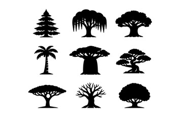 Naklejka premium Diverse set of tree silhouettes including tropical, coniferous, and deciduous species