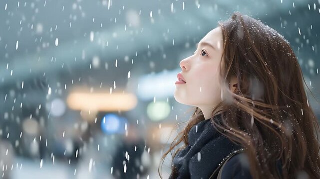 雪の中で穏やかな表情を見せる日本人女性の肖像