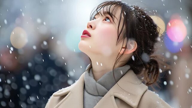 夜の都会の明かりと雪の中で微笑む日本人女性