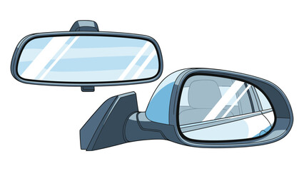 Naklejka premium Automotive rearview and side-view mirrors reflecting a clear blue sky on a clean white background for car part display.