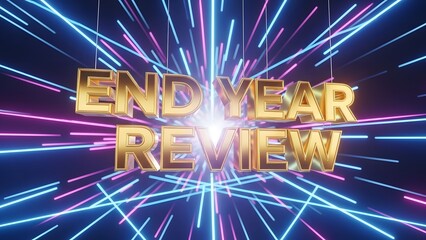 End of year review with glowing neon lights background