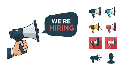 Hand holding a megaphone with we are hiring announcement and several variations of loudspeaker icons for recruitment and jobs.