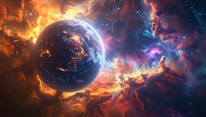 A vibrant cosmic scene with a planet engulfed in celestial fire and surrounded by a nebula of vibrant colors and stars
