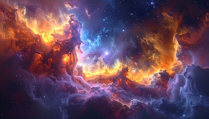 A vibrant cosmic display featuring fiery hues of orange and red swirling amidst cool blues and purples. Stars twinkle