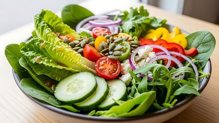 Vibrant and Fresh Salad Featuring Crisp Lettuce, Ripe Tomatoes, Sliced Cucumbers, Colorful Bell Peppers, Red Onion, and Feta Cheese
