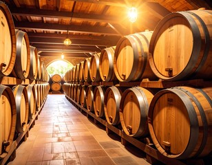 Rows of wooden barrels stacked in a dimly lit cellar, bathed in warm sunlight. The interior suggests a wine or spirit aging process