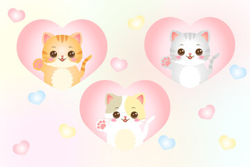 Fototapeta premium Wallpaper of cute kittens in cute heart designs on the background of gradient pastel colors