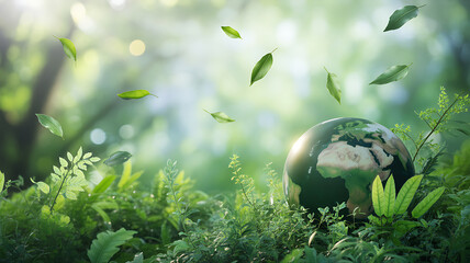 Vibrant green planet earth rests among lush foliage with ethereal falling leaves in nature