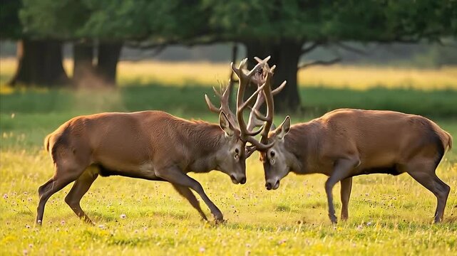 Two Majestic Red Deer Stags Locking Antlers in a Field at Sunset