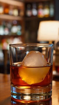 A single large ice sphere chills a glass of amber whiskey on a wooden bar top