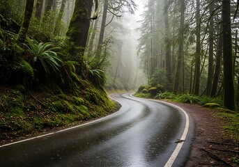 Obraz premium Rainy scenic drive through mossy forest in the pacific northwest