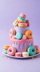 A two tiered cake adorned with colorful donuts and pink icing