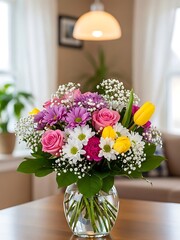 Vibrant flower arrangement on wooden table