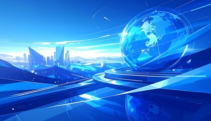 A vibrant digital artwork featuring a globe on a pedestal with an animated backdrop of a futuristic city and swirling blue lines