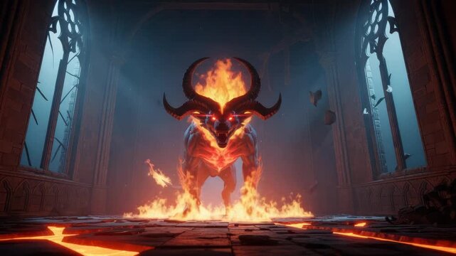 Fiery Demonic Beast with Glowing Eyes in Ancient Ruined Hall