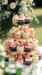Multi tiered cupcake tower with colorful frosting and decorations