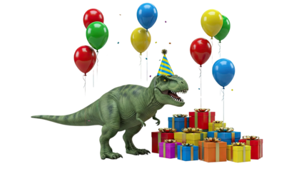 Tyrannosaurus Rex with Birthday Gifts and Balloons
