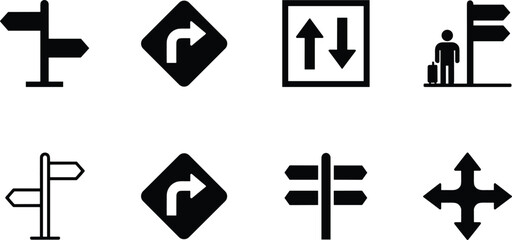Collection of directional road sign icons including arrows, turn signals and street pointers for navigation and travel guidance. © Hafizul