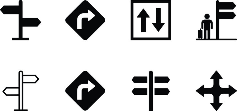 Collection of directional road sign icons including arrows, turn signals and street pointers for navigation and travel guidance.