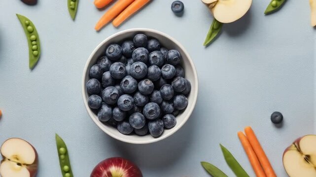 Nutritious flat lay video showcasing organic fruits and vegetables in bright studio setting with