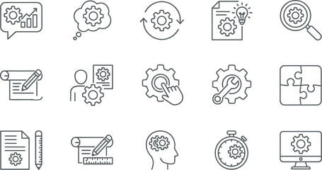 Fototapeta premium Business process and technical settings line icons set featuring gears brainstorming management planning strategy optimization and development symbols.