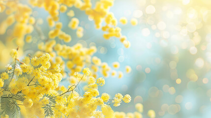 優しいミモザと青空の背景イラスト　AI生成画像　