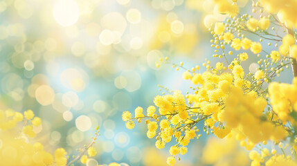 優しいミモザと青空の背景イラスト　AI生成画像　