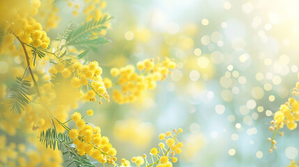 優しいミモザと青空の背景イラスト　AI生成画像　