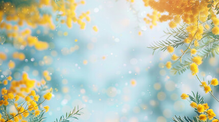 優しいミモザと青空の背景イラスト　AI生成画像　