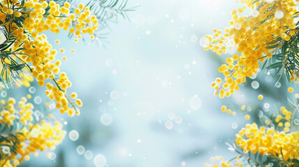 優しいミモザと青空の背景イラスト　AI生成画像　