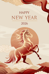 Chinese New Year 2026 Year of the Horse Red and Gold Background with Running Fire Horse Illustration