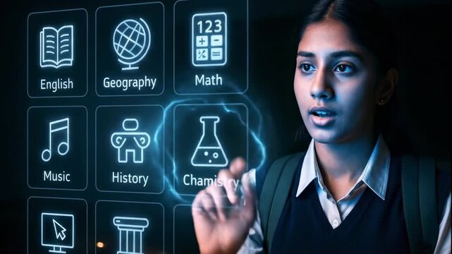 Young indian woman student interacting with chemistry subject on a holographic virtual educational interface for e-learning concept