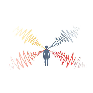 Human silhouette receiving colorful energy waves from all directions