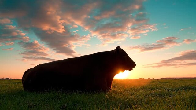 Silhouette of a Cow Lying on Green Grass Field at Sunset