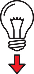Fototapeta premium A minimalist line art illustration featuring a lightbulb above a solid red arrow pointing downwards, symbolizing the execution, application, or implementation of an idea.