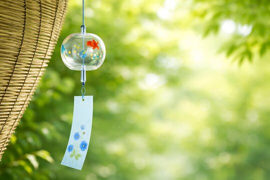 A serene japanese furin wind chime with goldfish design hanging on a summer day