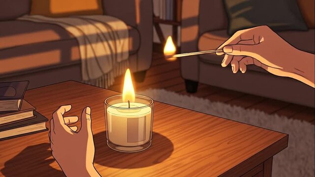 Cozy Evening: Lighting a Scented Candle in a Living Room with Warm Sunset Light