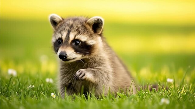 Adorable Baby Raccoon Sitting in a Lush Green Meadow and Looking Around Curiously