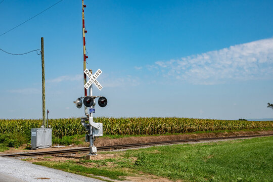 A train crossing signal is positioned next to railroad tracks in a rural area surrounded by fields. The sky is clear and blue with no clouds in sight. The scene shows a peaceful farmland setting.