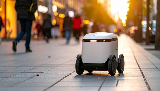 delivery robot moving on city sidewalk at dusk, 