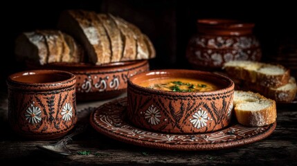 Rustic Clay Bowl with Soup and Fresh Bread on a Wooden Table Surrounded by Decorative Pottery and Textured Fabrics
